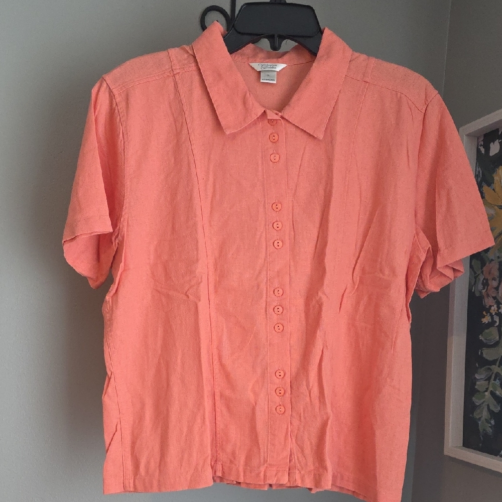 Christopher & Banks Coral Button-Up Blouse Linen Blend Size Large